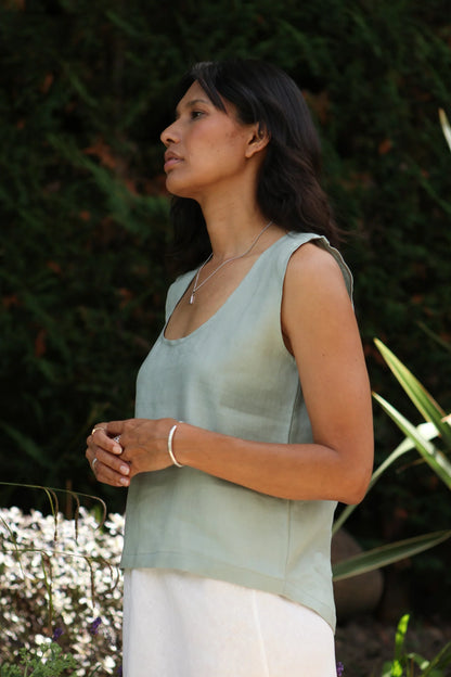 Gracie Olive Green Top 100% Linen