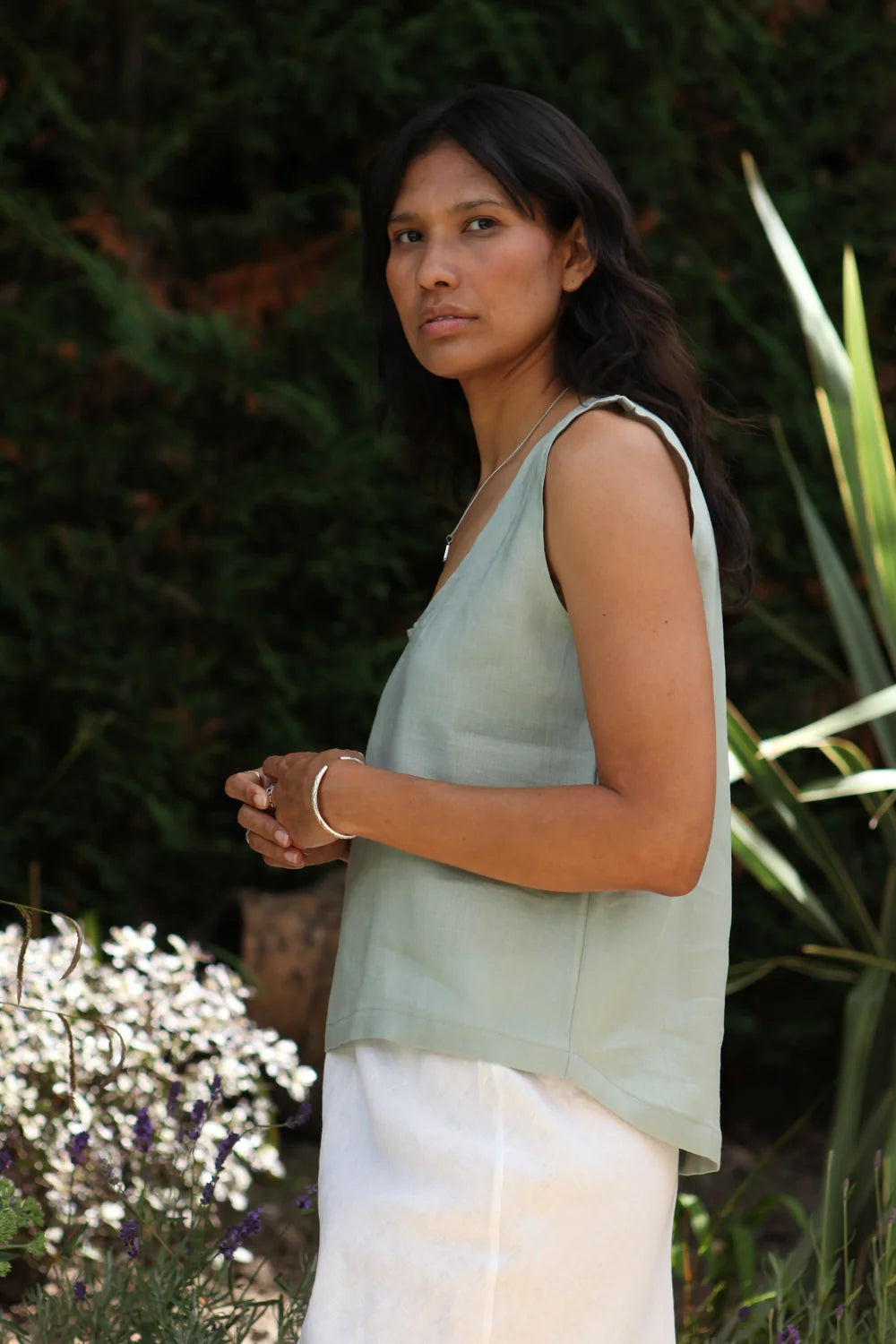Gracie Olive Green Top 100% Linen