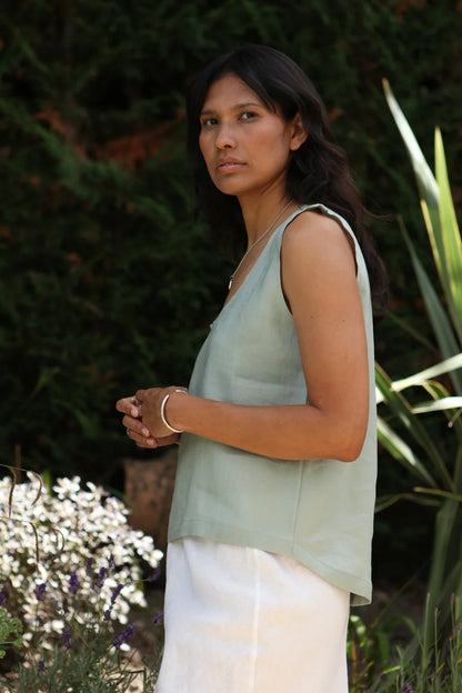 Gracie Olive Green Top 100% Linen