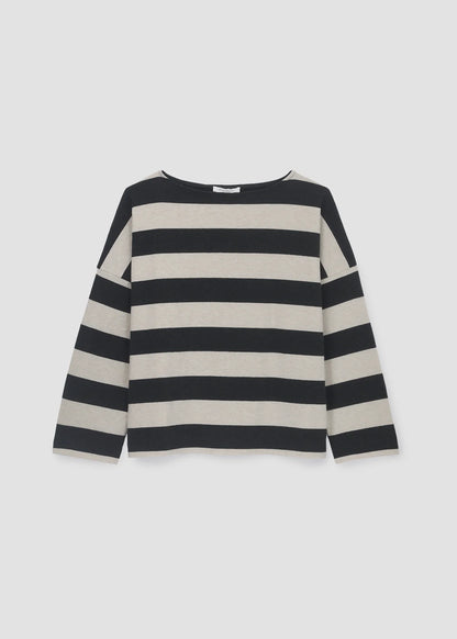 Leia-Sue Organic Cotton Stripe Jersey Top Charcoal & Ecru Marl Stripe