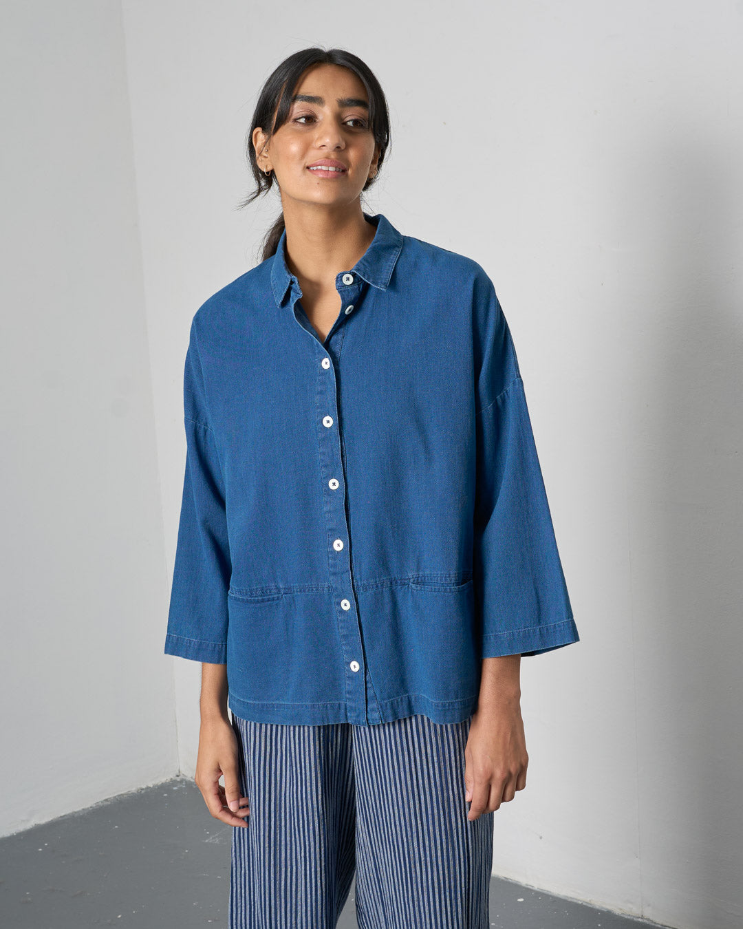 Anya Oversized Blouse - Textured Denim