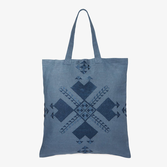 Embroidered Linen Tote Bag - Blue
