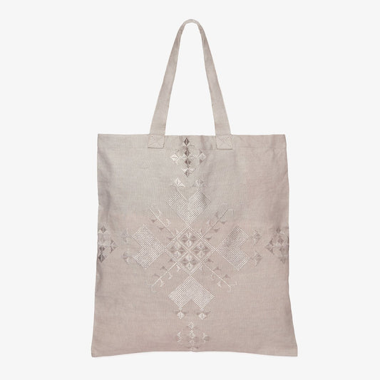 Embroidered Linen Tote Bag in Grey