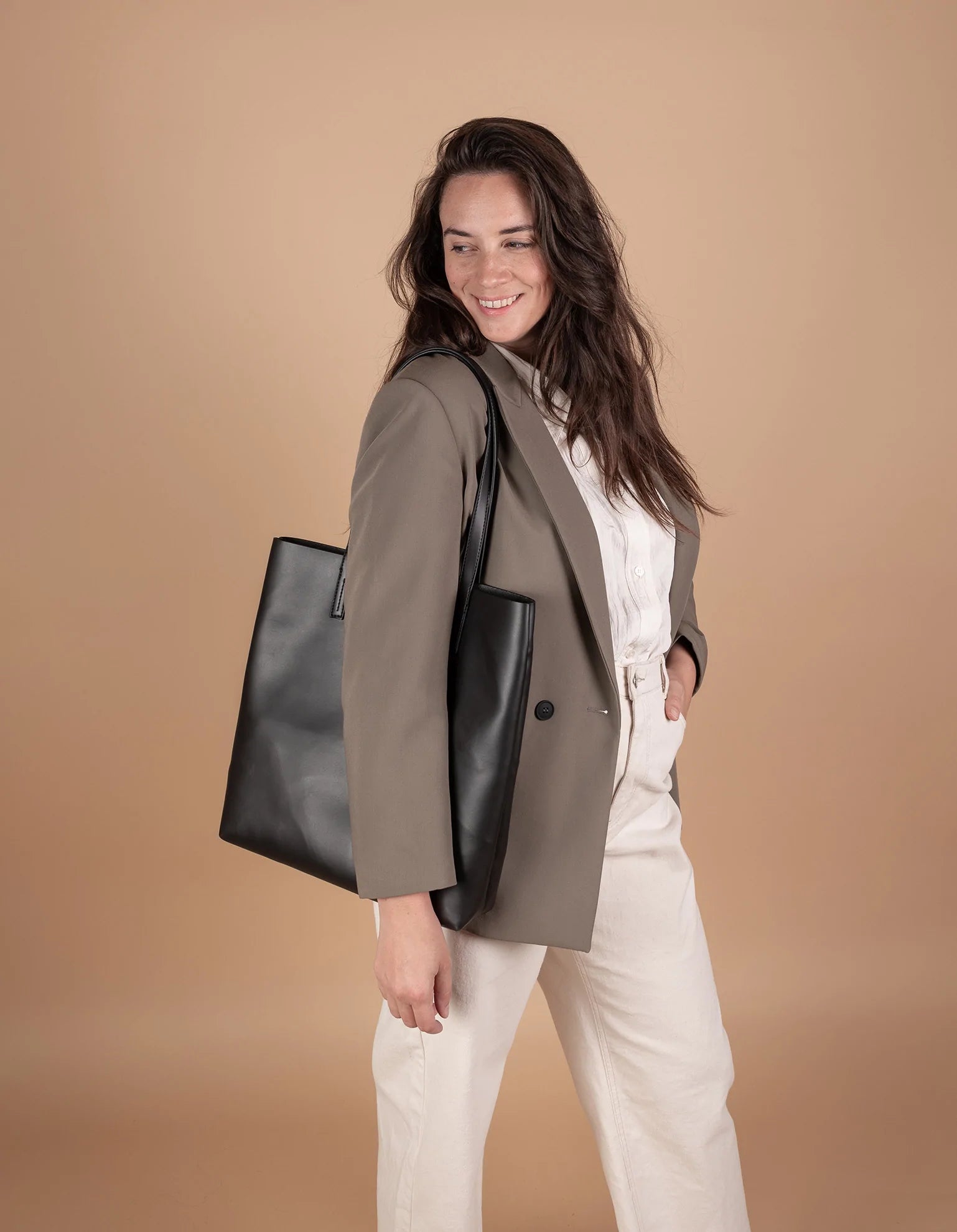 Black vegan leather shopper bag from O My Bag. Now available at The FAIR Shop Brighton.